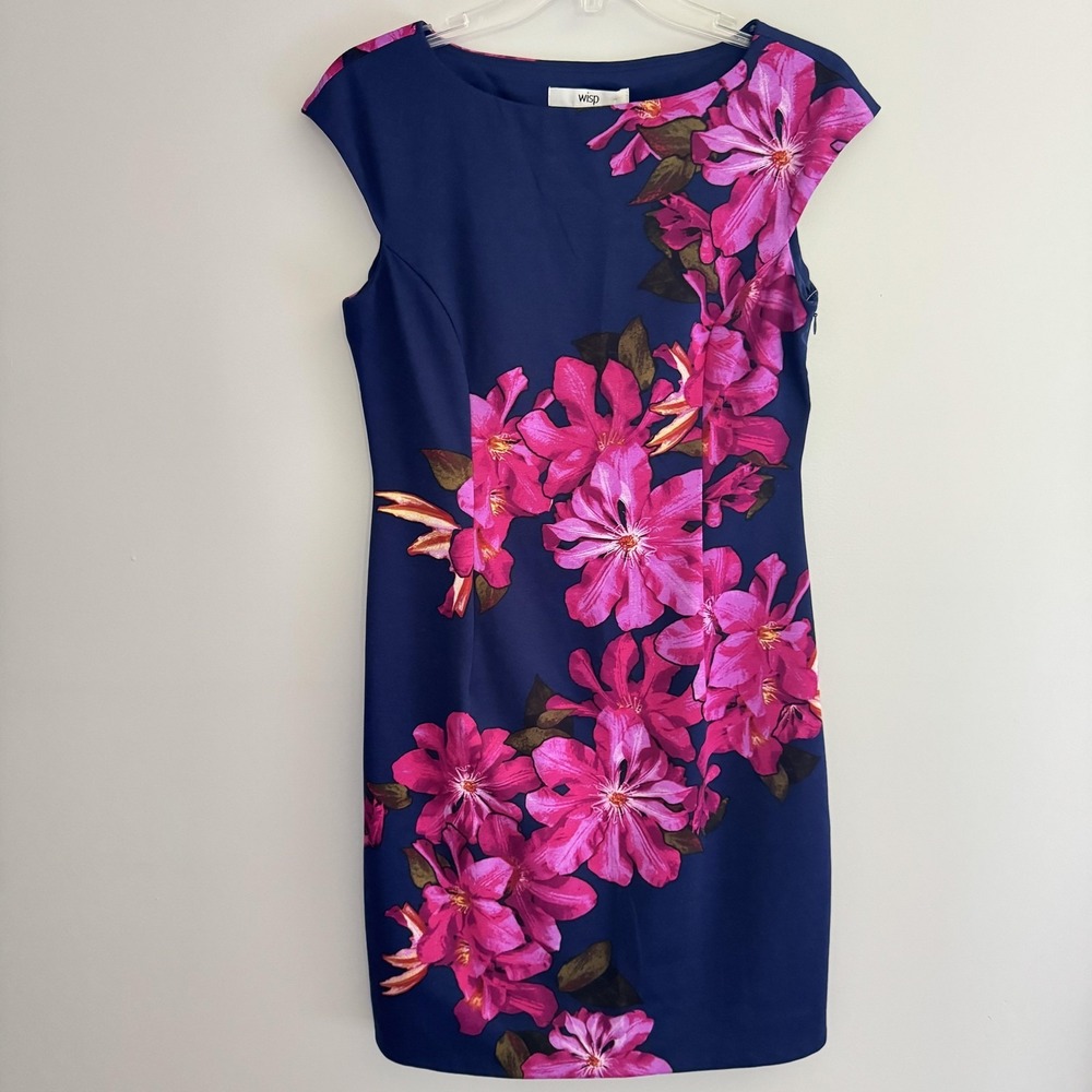 Wisp Dress Womens 10‎ Blue Floral Sheath Cap Sleeve Stitch Fix Knee Length NWT